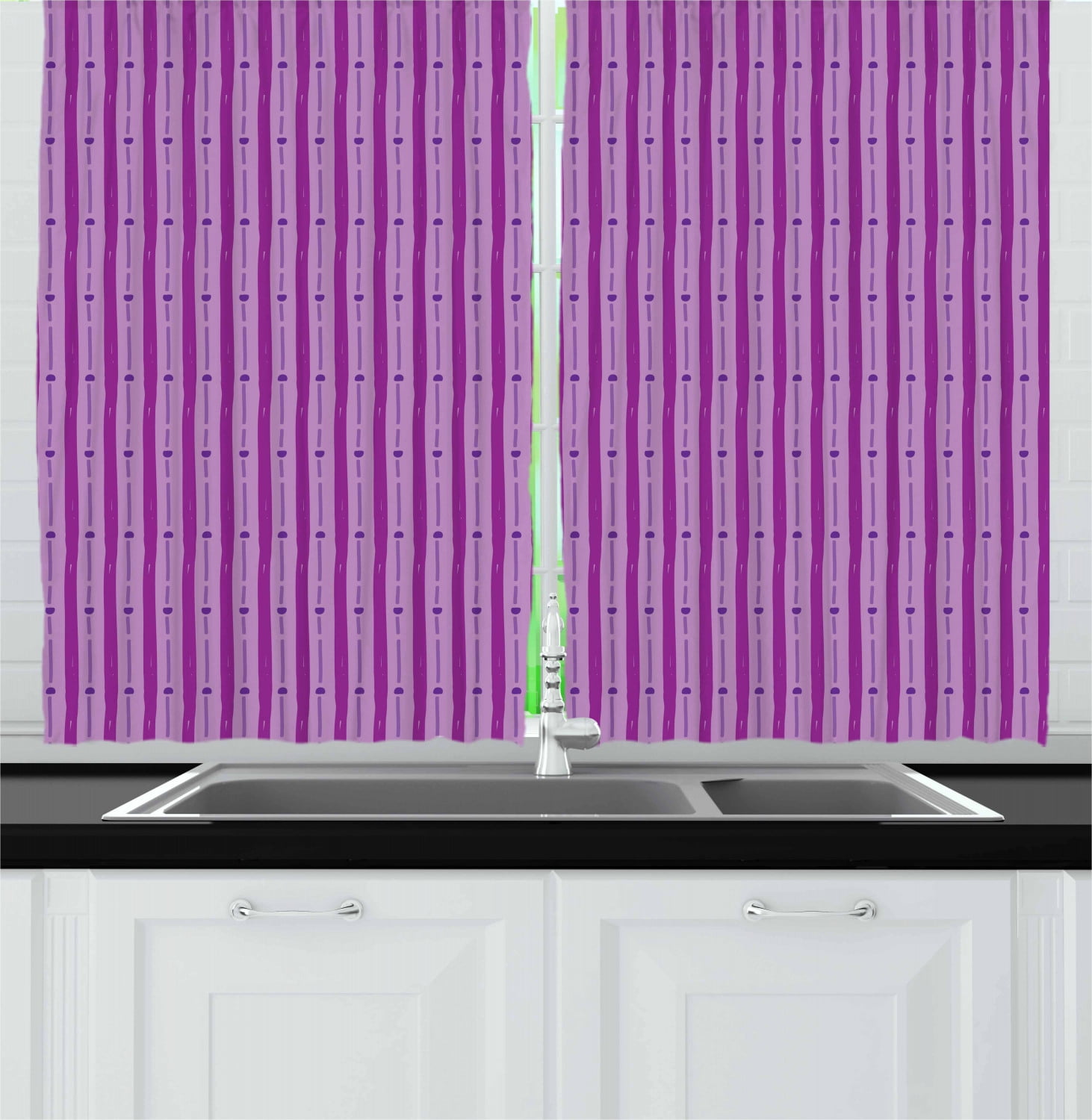 Abstract Curtains 2 Panels Set, Purple Shades Doodle Pattern with Vertical Dashed Lines Stripes and Dots, Window Drapes for Living Room Bedroom, 55W X 39L Inches, Magenta and Purple, by Ambesonne