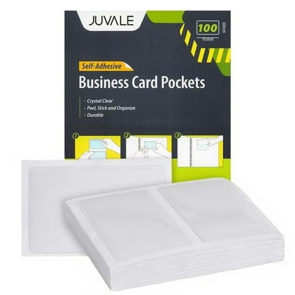 Juvale 100-Pack Clear Business Card Pockets - 3.54 x 2 in Vinyl Top-Load - Peel & Stick Adhesive Pockets for Library Cards & ID Badges - Bulk Set for Storage & Organization