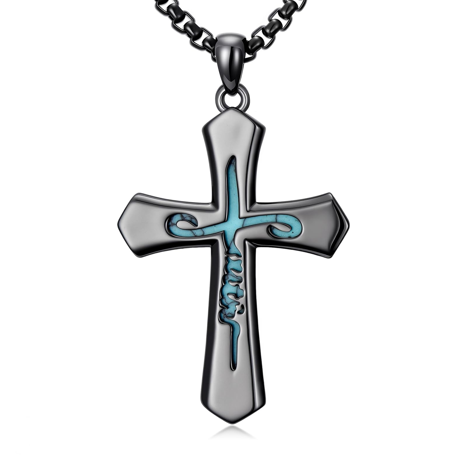 Black Turquoise Faith Cross Necklace for Men, 925 Sterling Silver Religious Pendant, Western Style Jewelry for Birthday Christmas