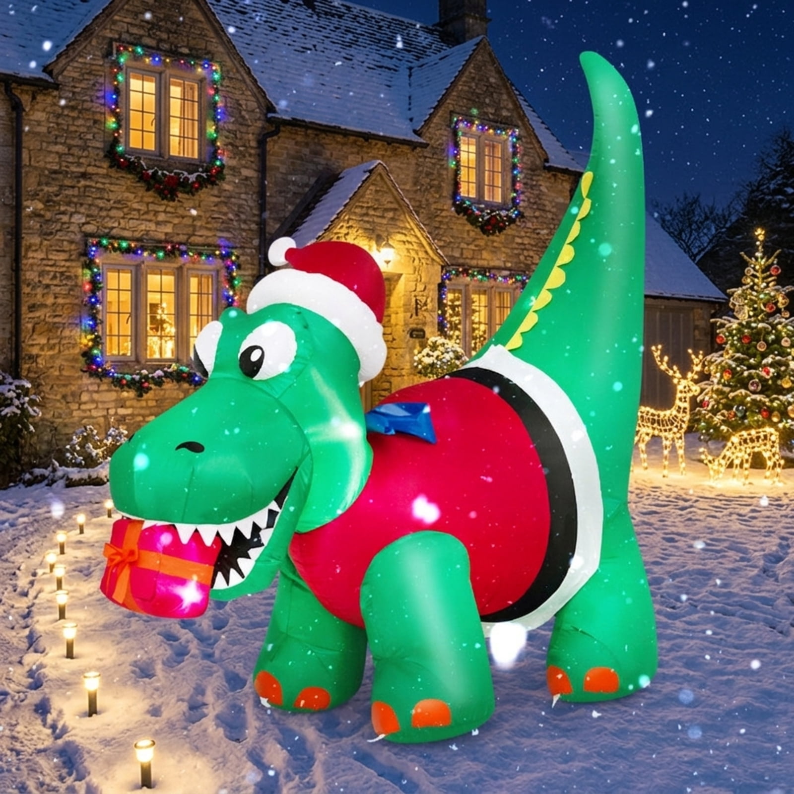 RUIE 6 FT Christmas Inflatable Dinosaur, Blow Up Dino with Santa Hat Gift Box and LED Lights, Lighted Outdoor Yard Decor for Lawn Party - Green