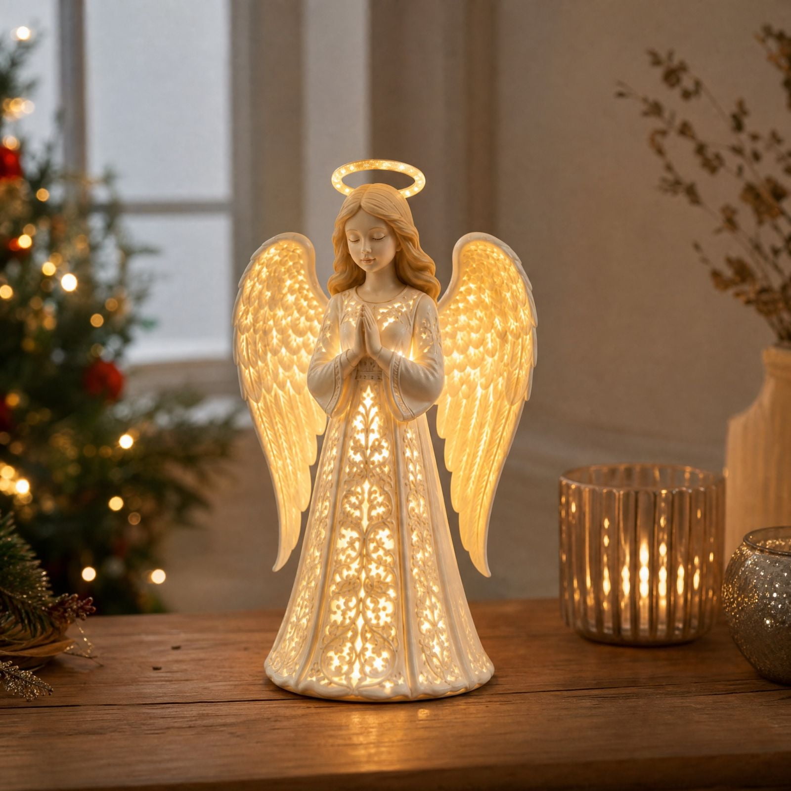 Angel Christmas Guardian Light, Symbol of Hope Love Protection Praying Figurine with Warm Golden Glow, Keepsake Statue for Grandma, LED Tabletop Decor, Memorial Night Lamp
