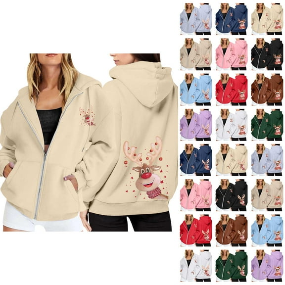 Christmas Hoodies for Women 2025 Long Sleeve Zip Up Reindeer Graphic Hooded Sweatshirt with Pockets Jacket Coat