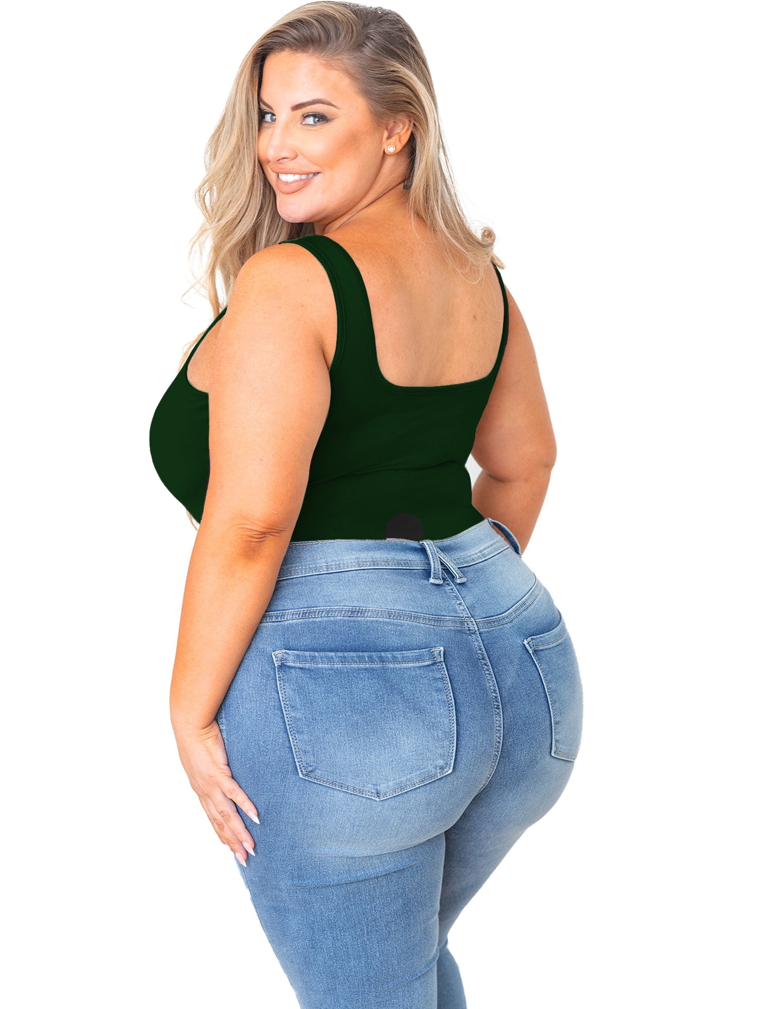 POSESHE Women's Plus Size Square Tank Bodysuit in Black, M-5X