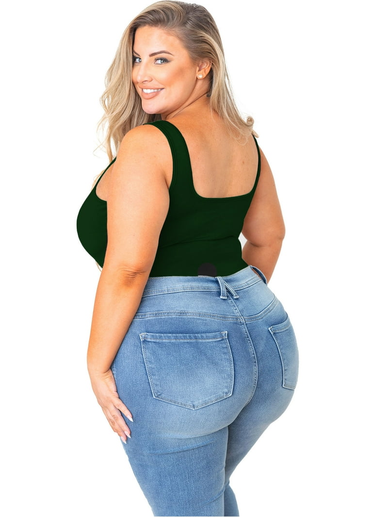 POSESHE Women's Plus Size Square Tank Bodysuit in Black, M-5X