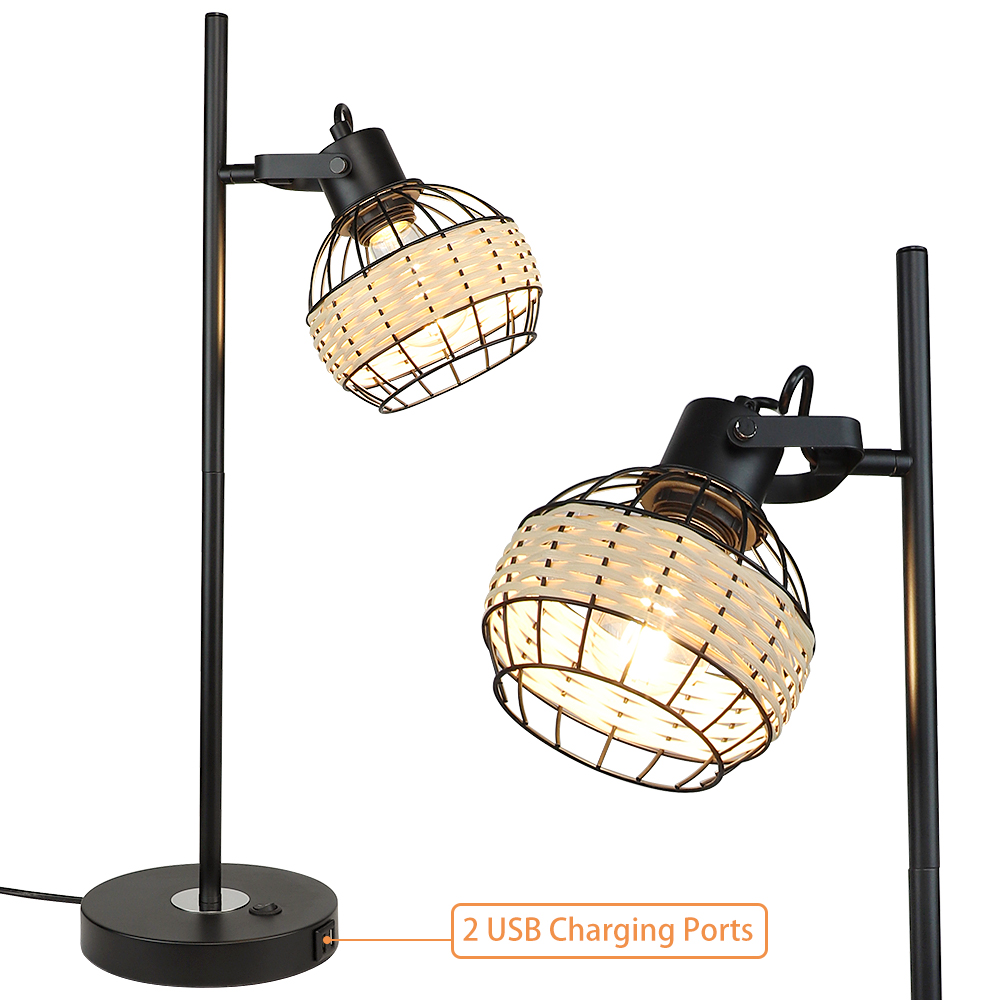 Depuley Wooden Black Table Lamp, 2 USB Ports Adjustable Head Desk Lamp with Rattan Shade, 4W E26 LED Bulb Included