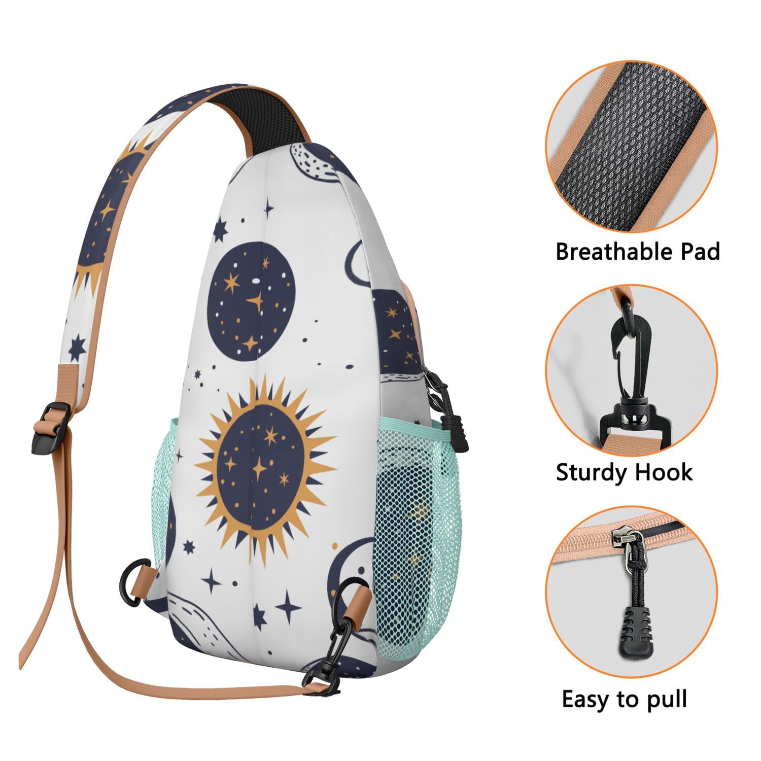 Celestial Sling Bag for Men & Women Gothic Black and Gold Moon Crossbody Bag with Anti-Theft Design Spacious Travel Daypack for Hiking, Biking, Outdoor Adventures