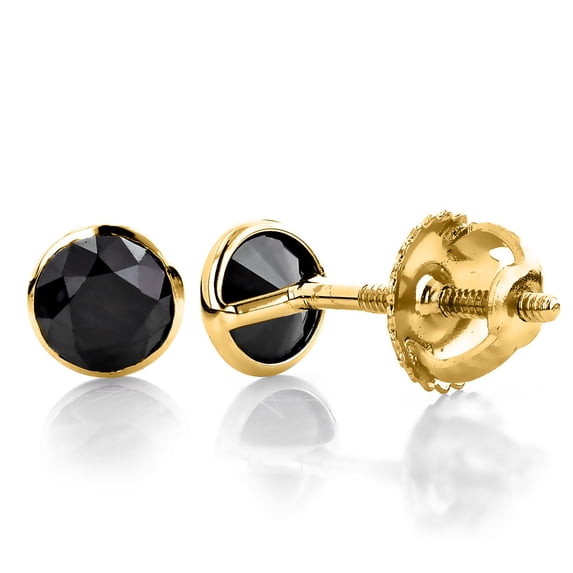 Ladies 14k Solitaire Black Round Natural 1.5 Ctw Diamond Bezel Stud Earrings (Yellow Gold)
