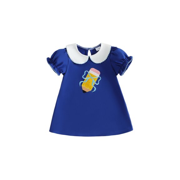 BemeyourBBs Toddler Baby Girl Back to School Dress Outfit Kids Kindergarten Dress Outfits Bow Pencil Embroidery Puff Short Sleeve Peter Pan Doll Collar A-Line Dress Toddler Baby Girl Summer Dress