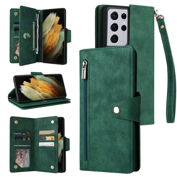 Feishell for Samsung Galaxy S21 Ultra Wallet Case with Wrist Strap,Premium PU Leather Zipper Pocket Magnetic Buckle Flip ID Credit Card Slots Shockproof Kickstand Phone Case for Women Men,Green