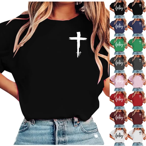 JTZGDY Summer Womens Fashion T-Shirts Funny Cross Pattern Print Short Sleeve Crewneck Graphic Tees Shirt Tops Loose Oversized Casual Tunic Blouse B-Dark Blue L
