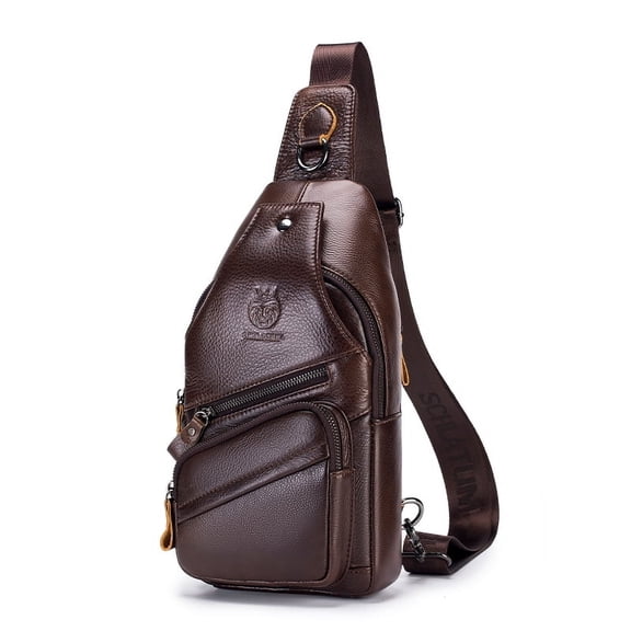 SCHLATUM Sling Bag for Men Genuine Leather Small Man Bag Crossbody Mens Casual Chest Bag Daypack with USB Cable Hole, Coffee