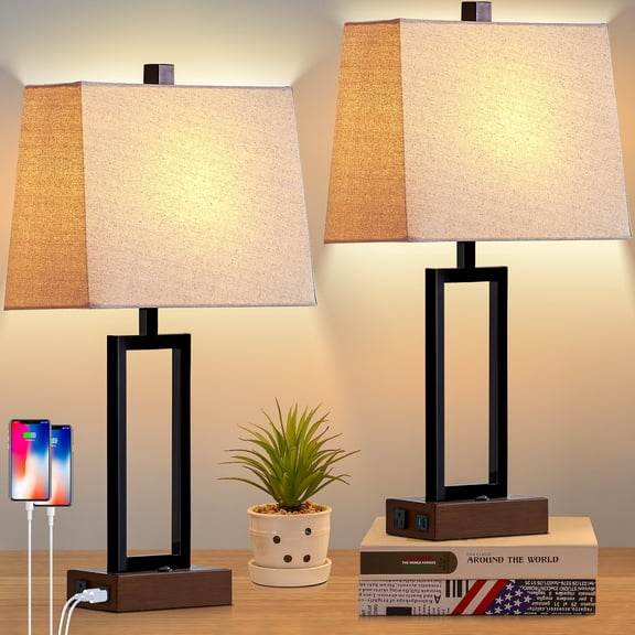 Cinkeda Set of 2 Modern Black Metal Table Lamps, 23.5" Tall with Dual USB Ports & AC Plug, On/Off Switch Bedside Lamp for Bedroom