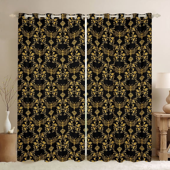 Feelyou Gold Damask Black Out Curtains, Boho Butterfly Curtains Pack of 2 (42x63 Each)
