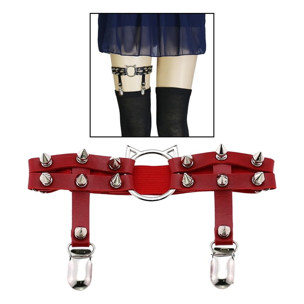 huecas de material cuero para mujer con remaches de la pierna con liga elástica y arnés antideslizante para Cosplay - Rojo