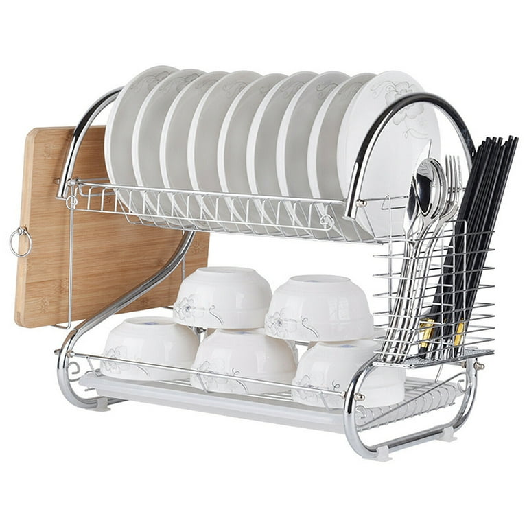 Dish Drying Rack, Romision 304 Stainless Steel 2 Tier Large Dish Rack and  Drainboard Set for Kitchen Counter with Utensil Holder, Wine Glass Holder  and Tray, Dish Drainer Storage Rack(Silver) 