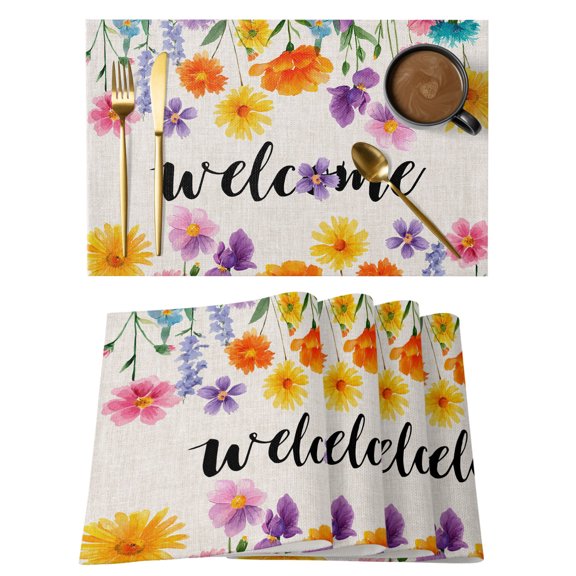 Farmhouse Placemats Set of 8, Welcome Yellow Purple Flower Linen Countryside Non-Slip Place Mats Washable Table Mats for Kitchen Dining Table Decorations Indoor/Outdoor