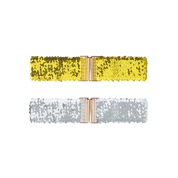 Cinturones Anchos para Mujeres INSPIRE CHIC con Hebillas de Interbloqueo y Decoración de Lentejuelas, Cinturones Brillantes y Elásticos, 2 PZS Dorado