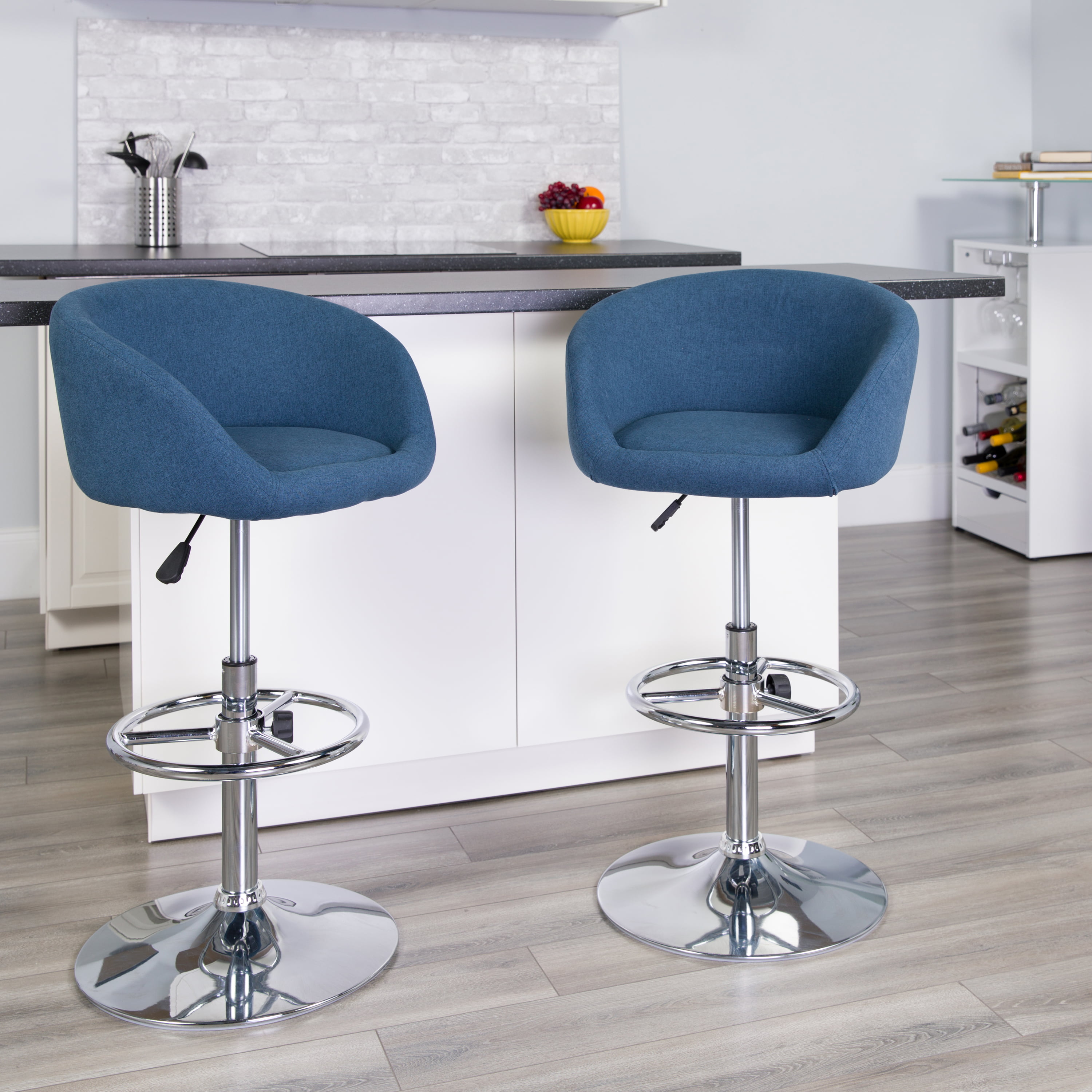 Flash Furniture Contemporary Blue Fabric Adjustable Height Barstool With Chrome Base, Blue Fabric Bar Stools