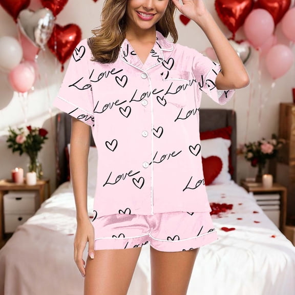 Women Y2K Pajamas Set Love Pajamas Sets Short Sleeved Blouse Shorts 2 Piece Set Woman Pjs Set Pink M