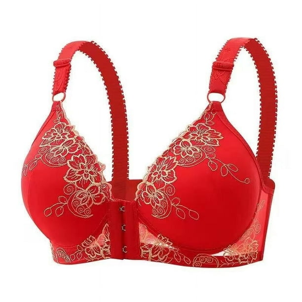 zanvin Women's Large Lace Breathable Front Opening Bra Wrapped Up Cup Side  Fold Breast Lift Bra,Red,S