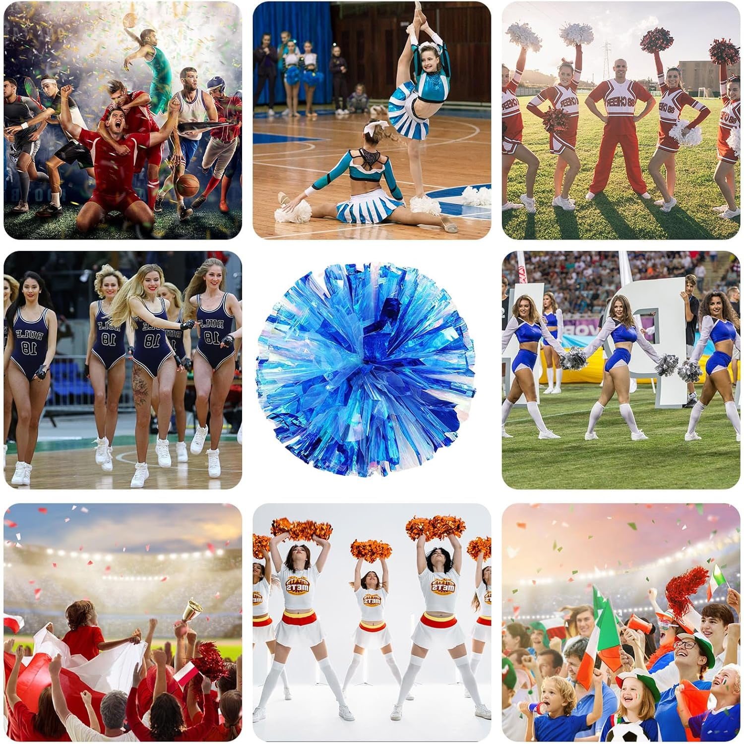 Cheerleader Pom Poms 12 Pack Sports Dance Cheering Plastic Metallic Cheerleading Pom Poms for Kids Adults