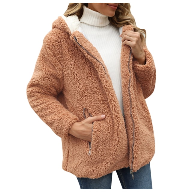 Gibobby Chamarra de Invierno, Chaqueta de Forro Polar borroso de Invierno para Mujer con Capucha y Bloques de Color con Cremallera y Bolsillos(Beige,XG)