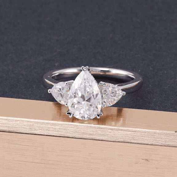 Oryn Jewelry 1.9 Ct Pear Cut Moissanite Ring for Women - 14K White Gold Plated Ring - Wedding Trilogy Engagement Ring - Three Stone Moissanite Ring Design