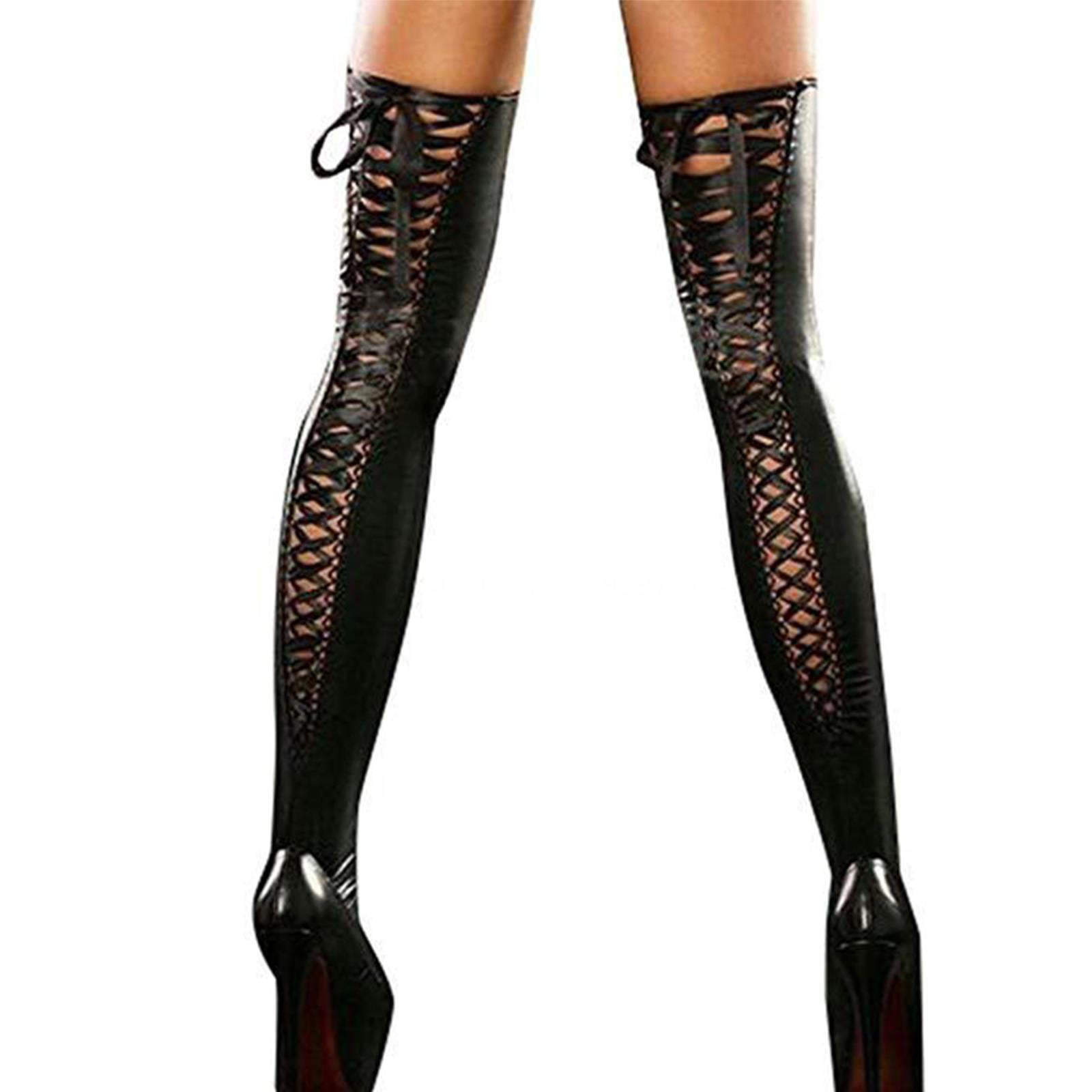 Women's Black/Red Wet Look Metallic Thigh High Costume Clubwear Tight Stockings 