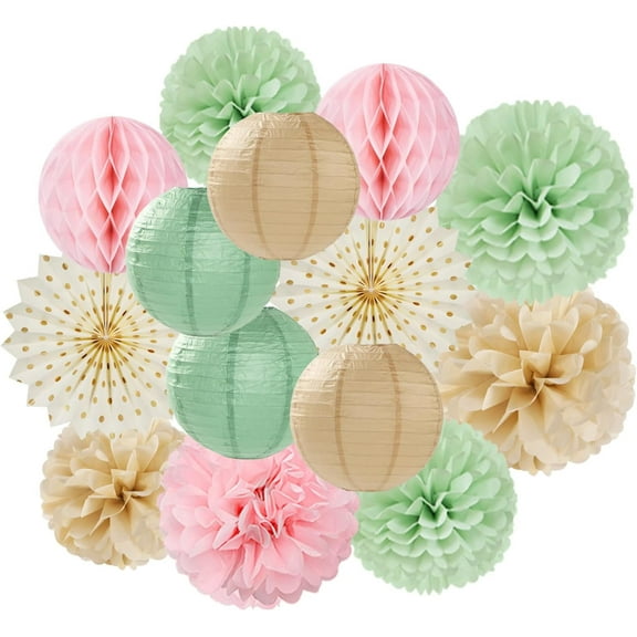 14Pcs Pastel Sage-Green Pink-Champagne Gold Paper Fans Tissue Pom Poms Honeycomb Balls Lanterns Backdrops for Birthday Wedding Bridal Baby Shower Engagement Festival Christmas Party Decorations