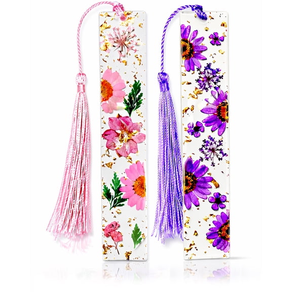 Pressed Flower Bookmarks (2 Pack) Clear Dried Floral Resin with Tassels Handmade Gift for Women, Students, Bookworms, Book Lovers, Accessories to Increase Reading Interest