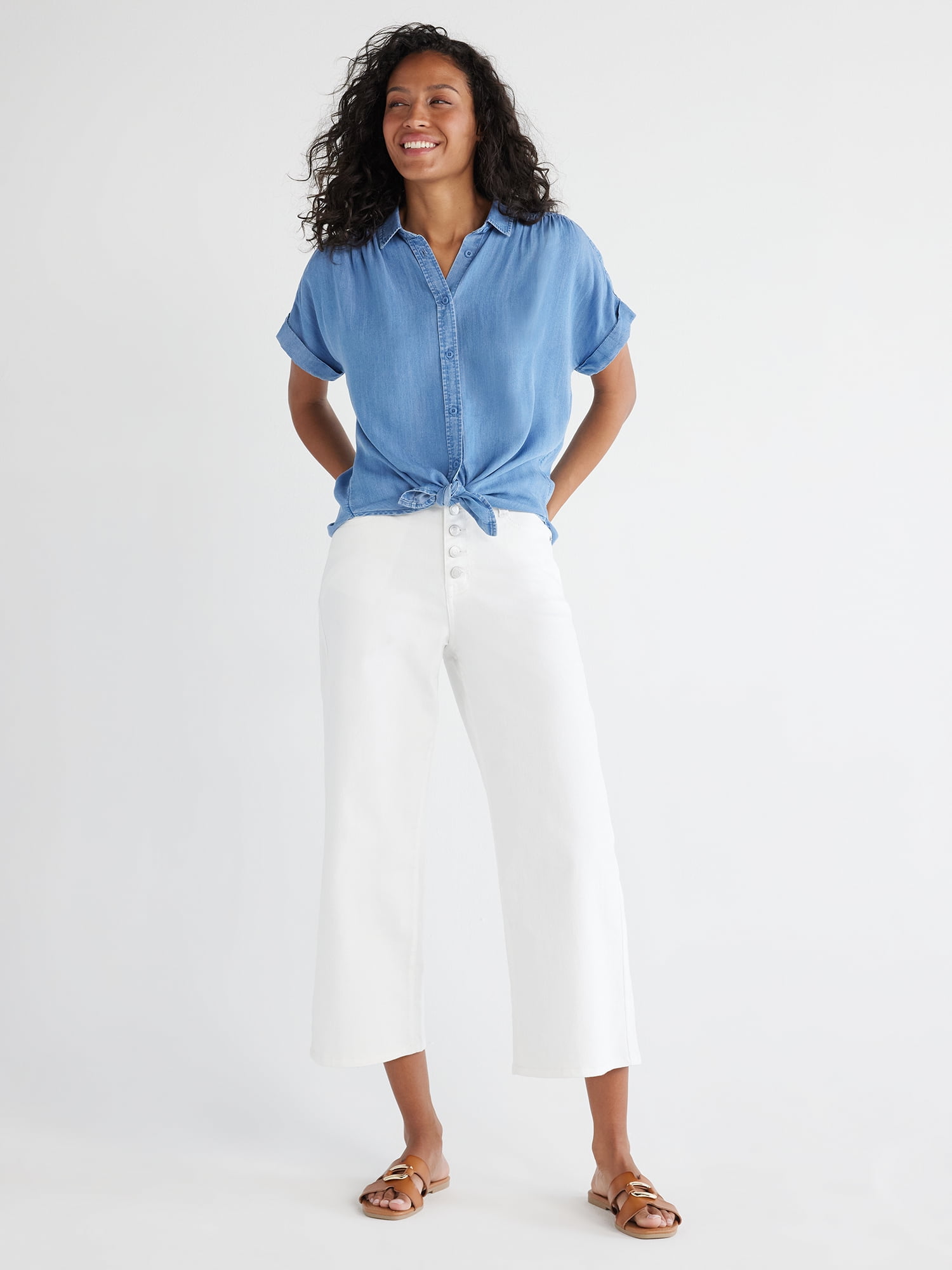 Time and Tru Women's Button Down Camp Shirt with Roll Cuff Sleeves, Sizes XS-XXXL
