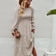 thumbnail image 5 of Vestido floral de cintura alta Vestido midi de fibra de poliéster con cuello redondo elástico de manga larga para citas Verde S, 5 of 8