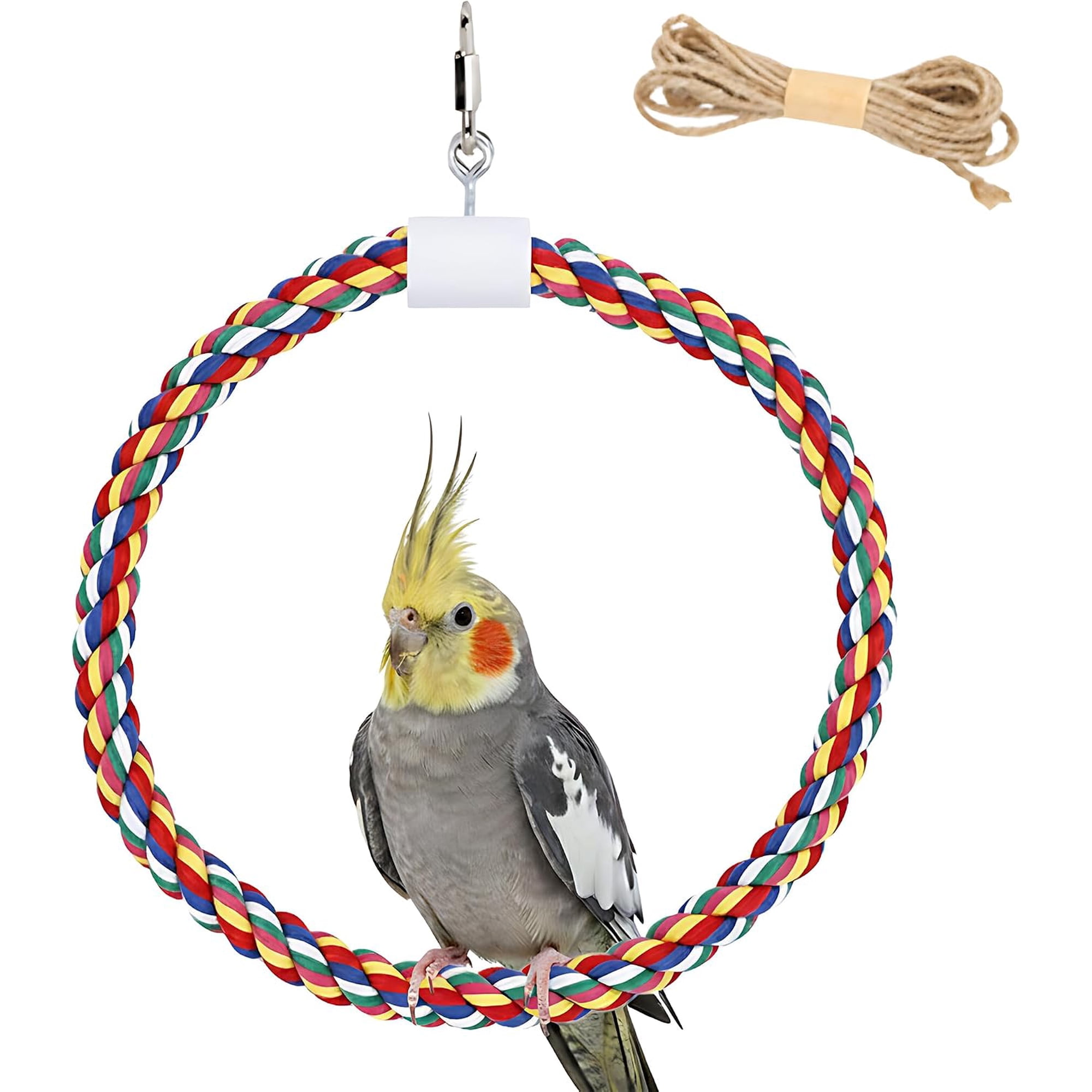 Rope Bird Swing with Metal Hook, Hanging Perch Toy for Budgies, Cockatiels & Parakeets, Small Cage Accessory for Play & Exercise