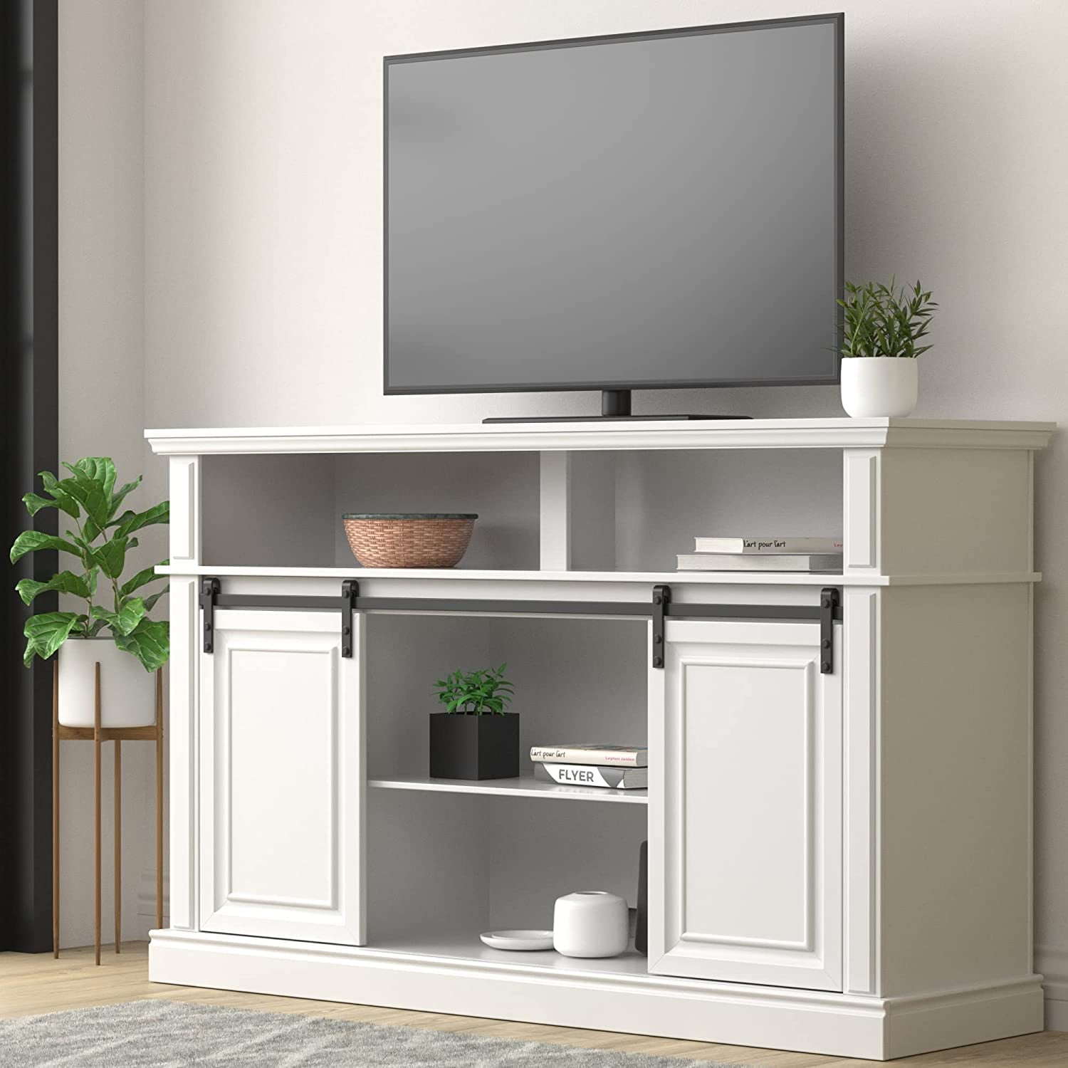 LGHM White TV Stand, Modern Farmhouse Barn Door Entertainment Center