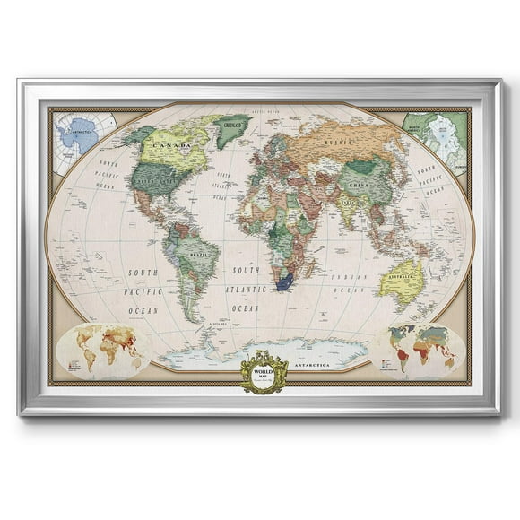 Renditions Gallery Colorful World Map Canvas Wall Art with Silver Frame Wall Hanging Travel Map with Push Pins for Living Room Bedroom Office Room