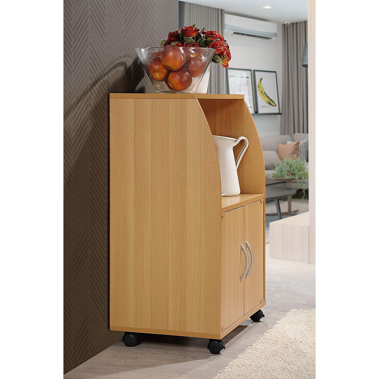 Modern Microwave Cart with Storage - Mobile Kitchen Island Cart on Wheels - Beech Wood Design