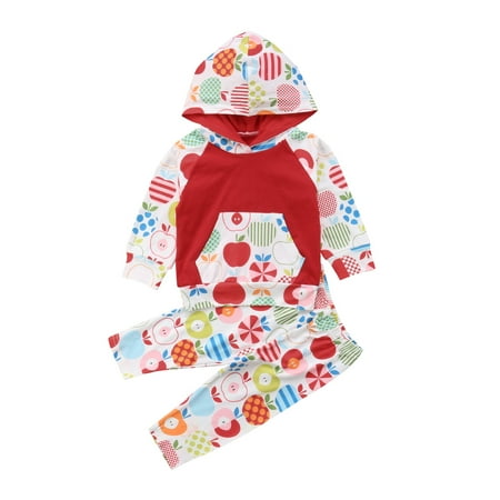 

Infant Baby Girl Outfits Long Sleeve Apple Print Hooded Sweatshirt Hoodie Pants Clothing Set with Pockets