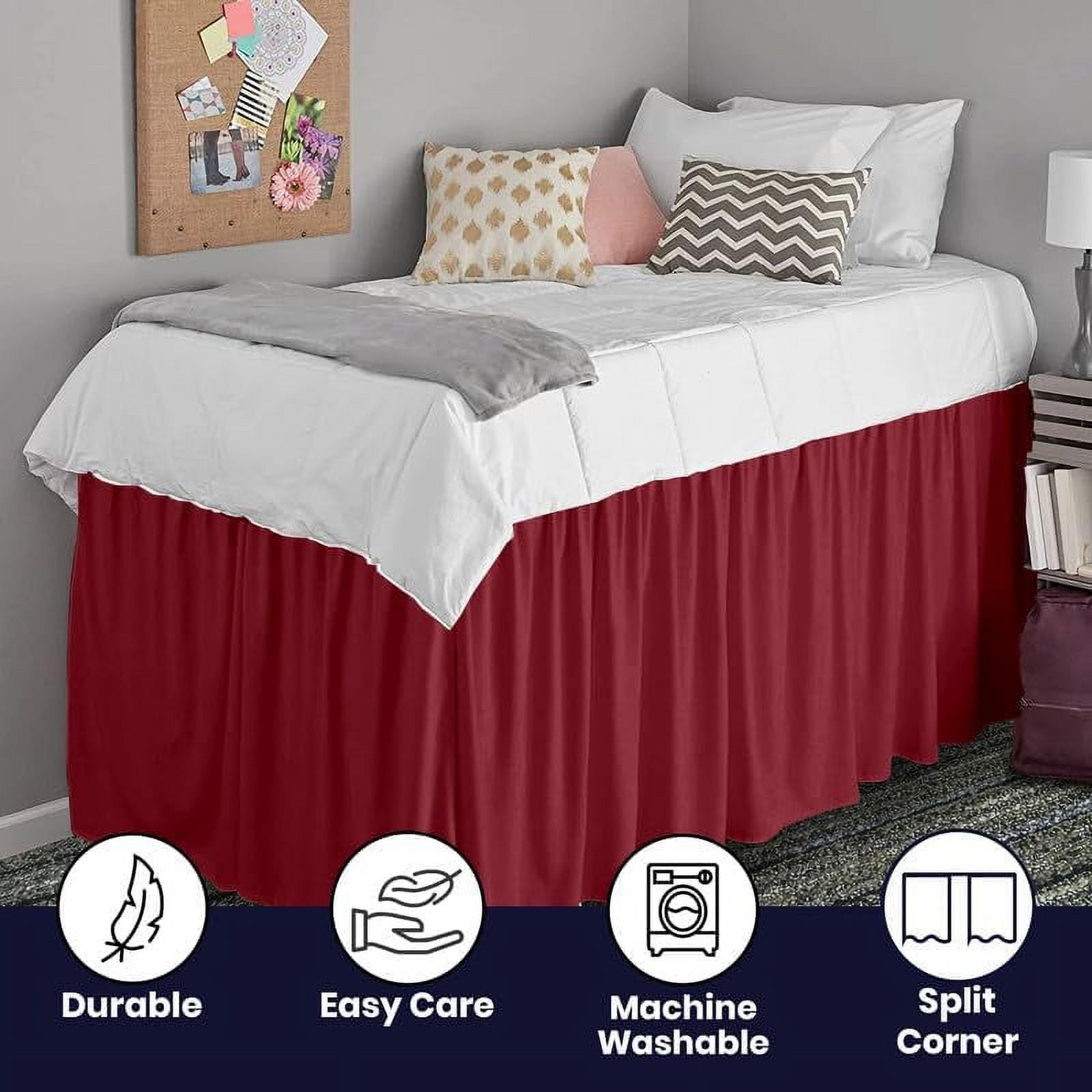 Dorm Bed Skirt Twin XL 56" Drop, College Dorm Room Bed Skirts Easy to Put On Twin XL Size Dust Ruffle Dorm Sized Bed Skirts, 600TC Egyptian Cotton Bed Skirt, (Burgundy, Twin-XL - 56" Drop)
