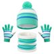 thumbnail image 1 of Conjunto de gorro y bufanda de invierno para niños de poliéster, a rayas con pompón, 3 piezas, cálido, para niños y niñas, ideal para esquí, patinaje, viajes y colegio, 1 of 3