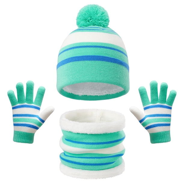 Conjunto de gorro y bufanda de invierno para niños de poliéster, a rayas con pompón, 3 piezas, cálido, para niños y niñas, ideal para esquí, patinaje, viajes y colegio