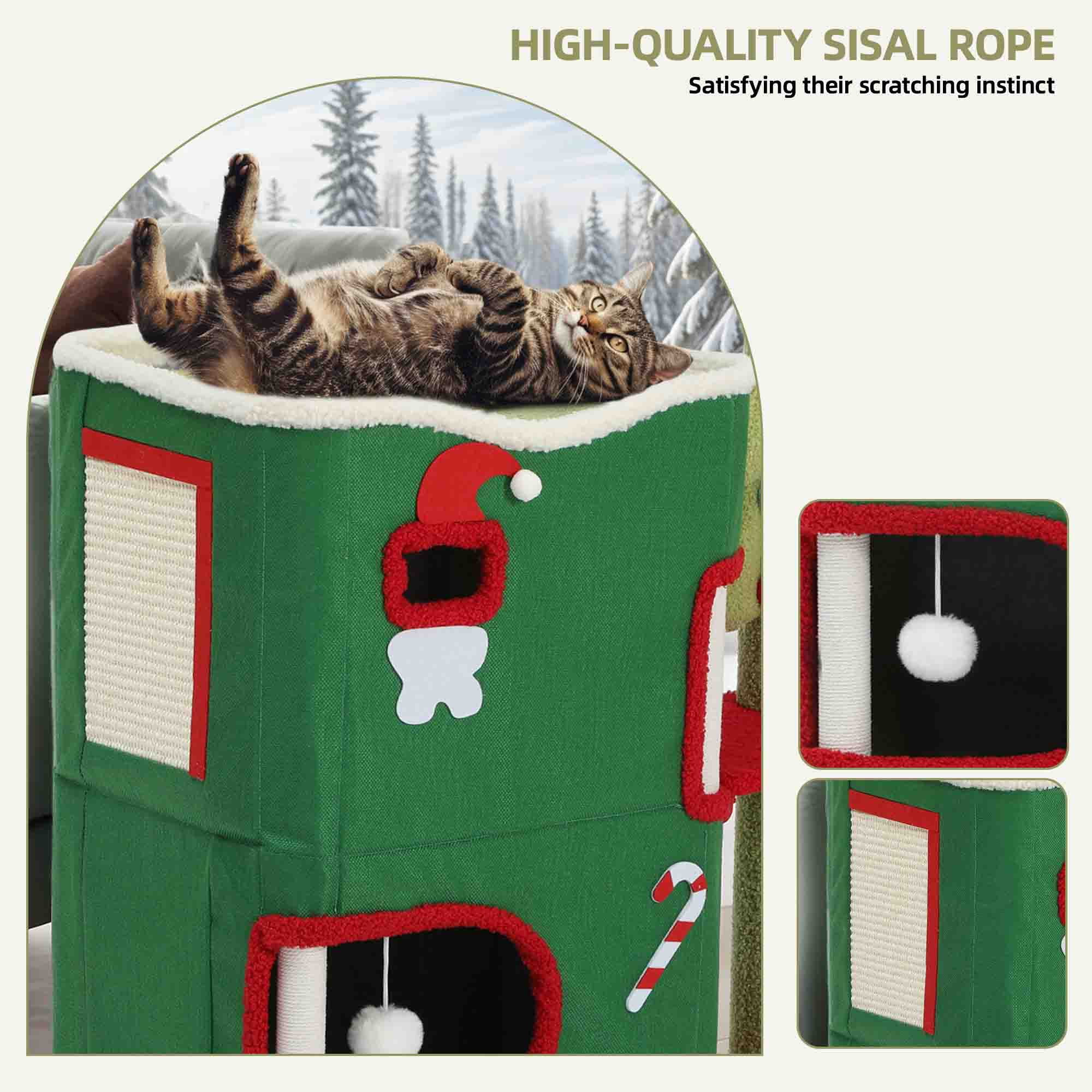 Uforic 2-Level Christmas Cat House, Indoor Cat Play House with Scratching Posts & Hideaway Cave& Hanging Plush Balls, Green