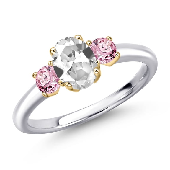 Gem Stone King 925 Silver and 10K Yellow Gold White Created Sapphire and Pink Lab Grown Diamond Engagement Ring for Women | 1.36 Cttw | Oval 7X5MM | Gemstone September Birthstone | Size 5