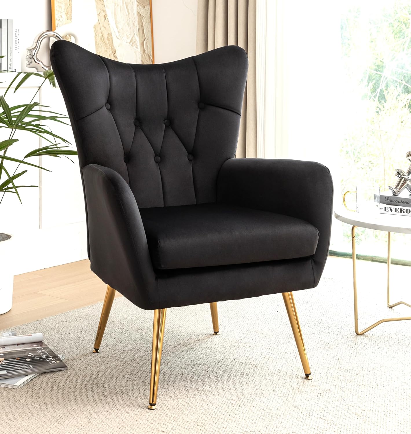 US Pride Furniture Modern Chic Mid-Century Velvet Accent Armchair for Button-Tufted Wingback Design with Gold Flared Legs Black