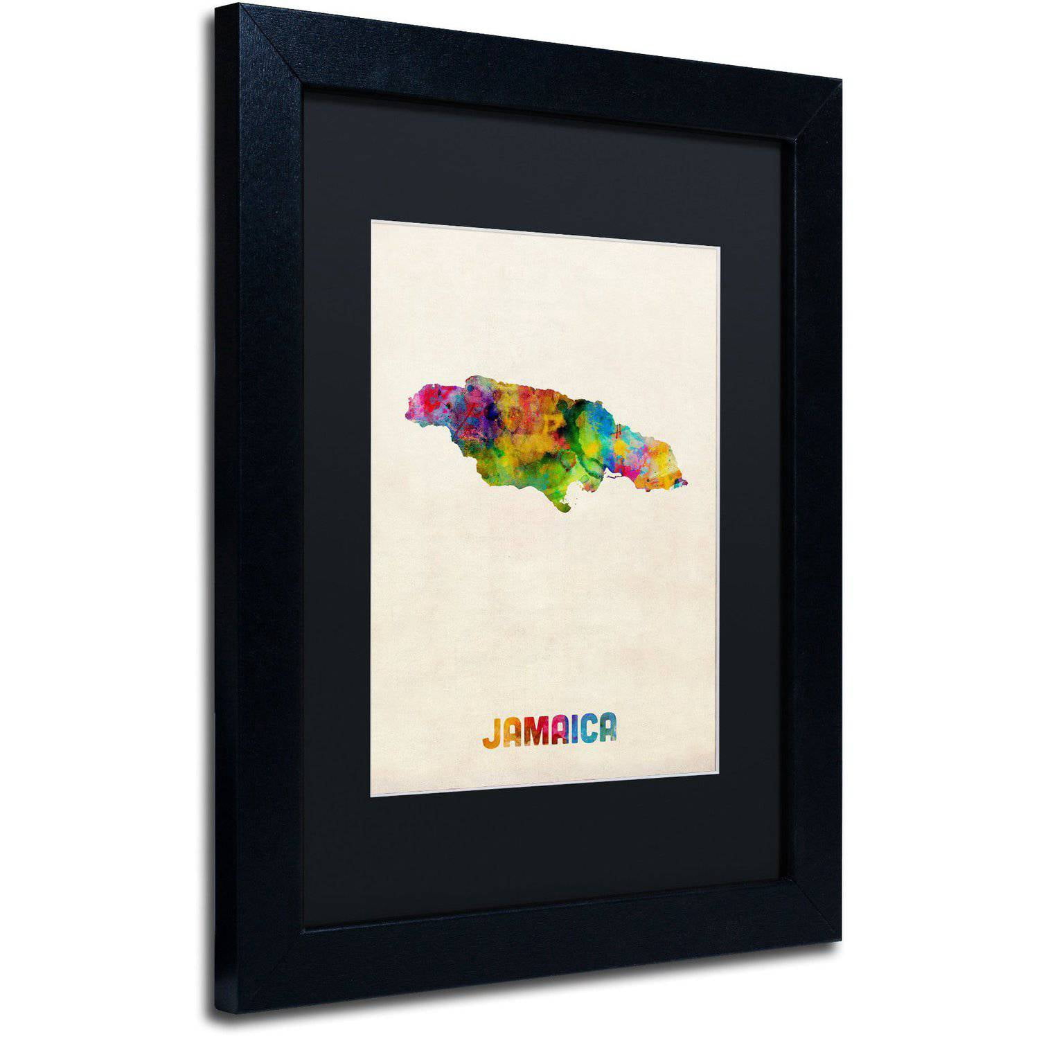 Trademark Fine Art "Jamaica Watercolor Map" Canvas Art by Michael Tompsett Black Matte, Black Frame
