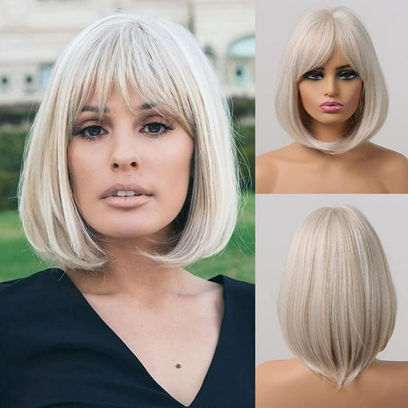 Short Bob Wig With Bangs,Shoulder Length Wigs for Women Short Wavy Women's Wigs Natural Looking Heat Resistant Synthetic Wigs for Daily Use Perruques A2