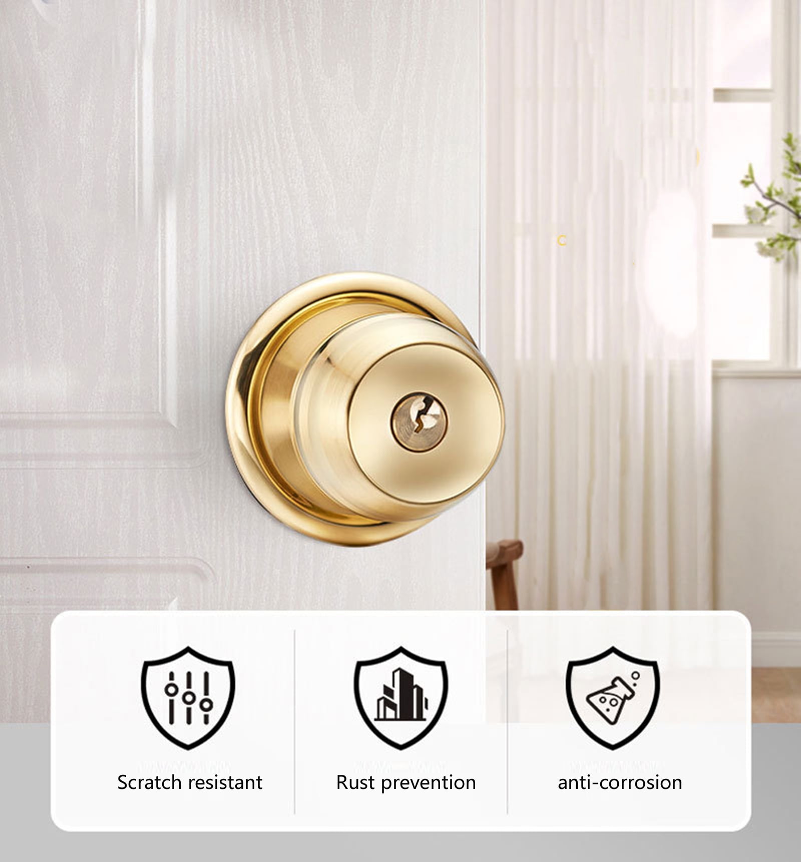 Polished Brass Door Knob Keyed Entry Reversible Round Lock Adjustable Latches Door Knob Suitable for Interior & Exterior