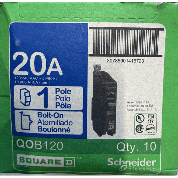 Mini circuit breaker, QO, 20A, 1 pole, 120/240VAC, 10kA, bolt on, QOB120, QOB120CP (10-PACK)