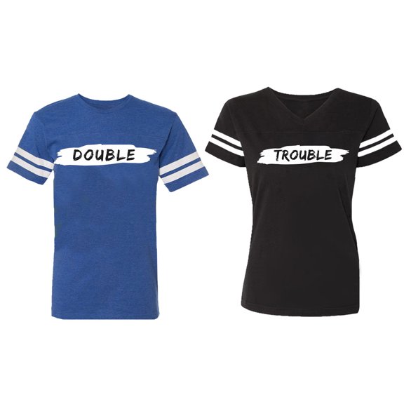 Double Trouble Matching Couple Cotton Jerseys (Men Royal / Women Black) (Men S / Women S)