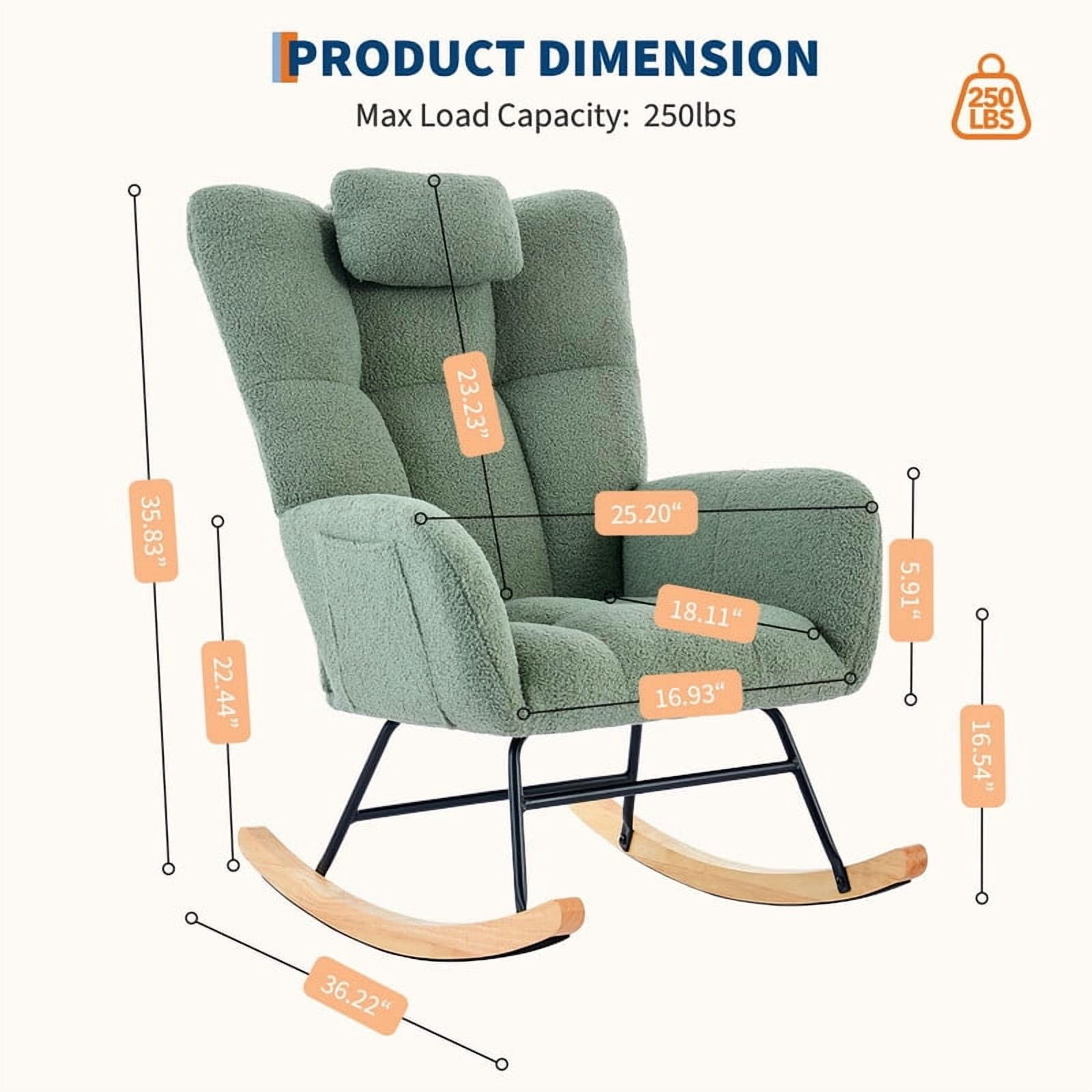 TROPOW Rocking Chair, Teddy Upholstered Glider Rocker, Nursery Glider Rocker with Wood Legs & Dual Side Pockets, Nursery Rocking Chair for Living Room, Bedroom