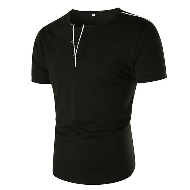 Aqestyerly Hommes Manches Courtes V-Cou Patchwork Boutons Chemisier Pull Topss